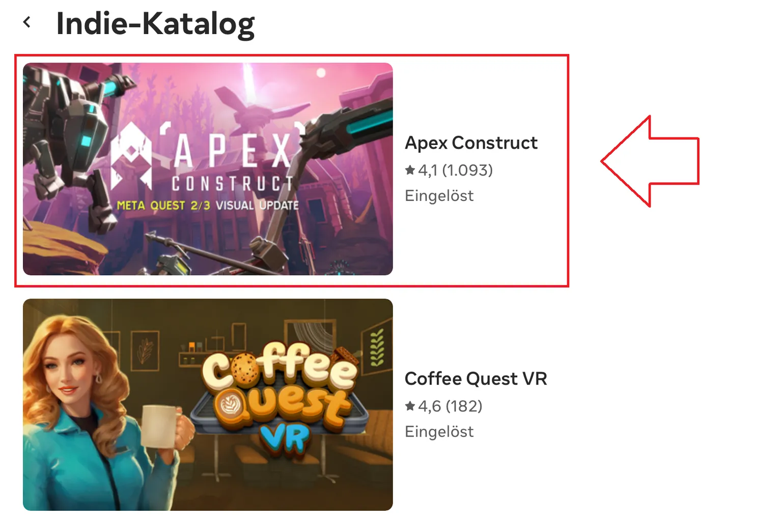 Meta-Horizon+-Indie-Katalogbildschirm. Diese Spiele werden über das Abo freigeschaltet und nicht tatsächlich gekauft, daher sind keine Cross-Buy-Rechte enthalten.