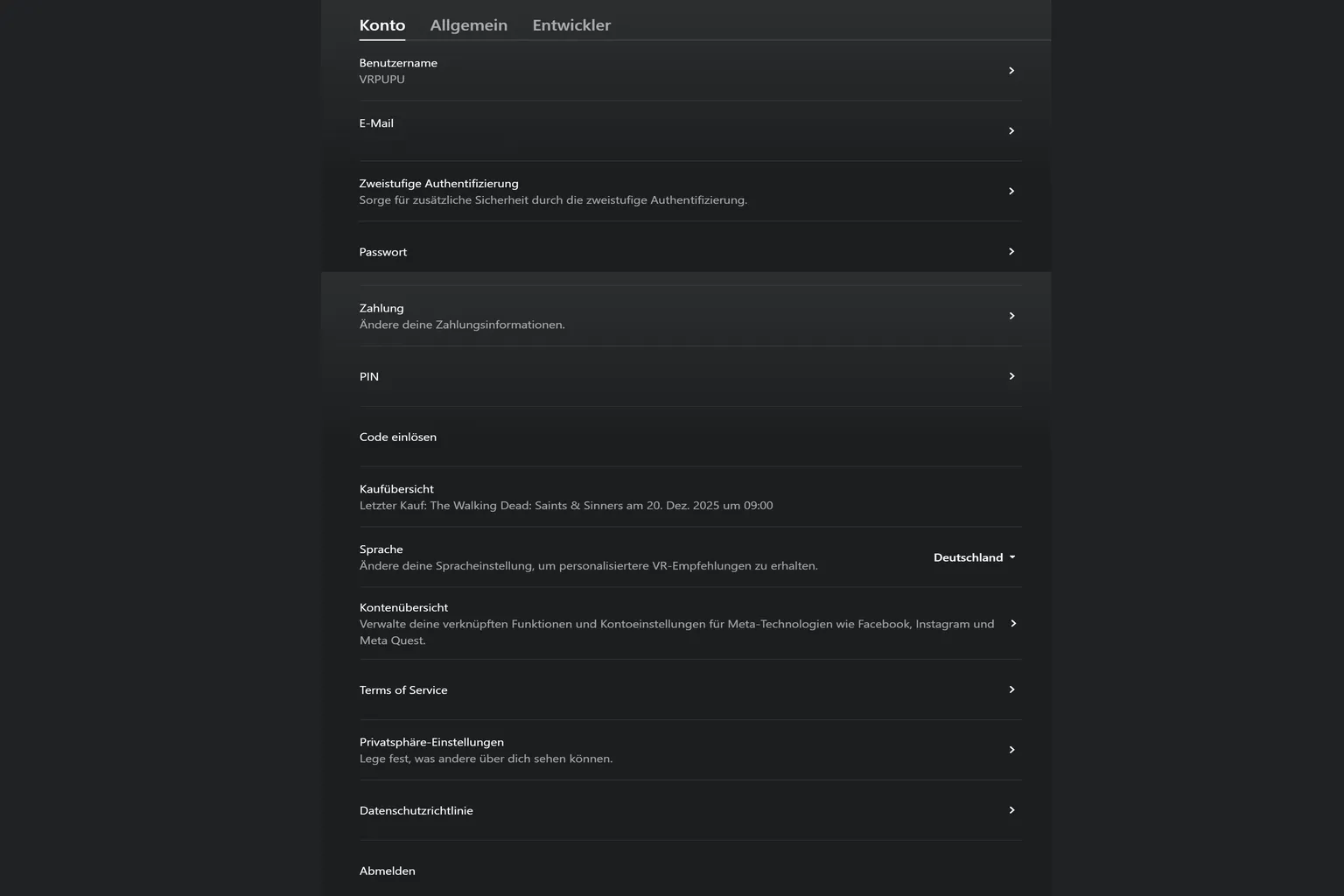 Meta Horizon Link Kontoeinstellungen-Seite mit Benutzername, E-Mail, Sicherheitsoptionen, Zahlung und Kontoregion