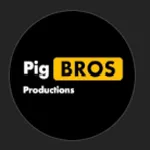 Das Markenlogo von Pig Bros Productions mit gelbem Logo auf schwarzem Hintergrund. Dieses Zeichen steht für die virtuellen Charakterarbeiten des Produktionsteams und ihre Serieninhalte.