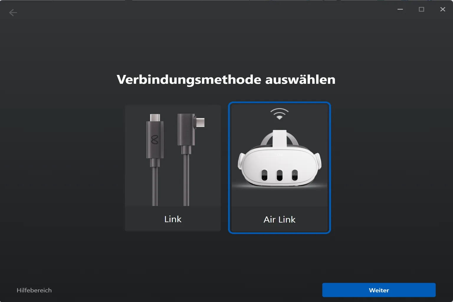 Verbindungsauswahl mit Link (kabelgebunden) links und Air Link (drahtlos) rechts. Air Link ist ausgewählt und bereit.