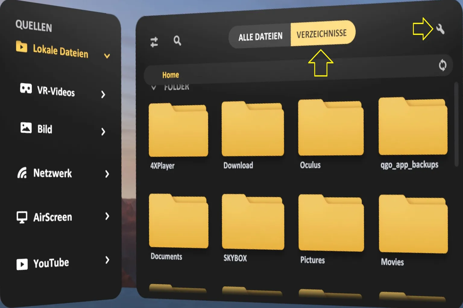 SKYBOX-Dateibrowser für lokale Dateien zeigt nur das öffentliche Verzeichnis Oculus/Screenshots an.