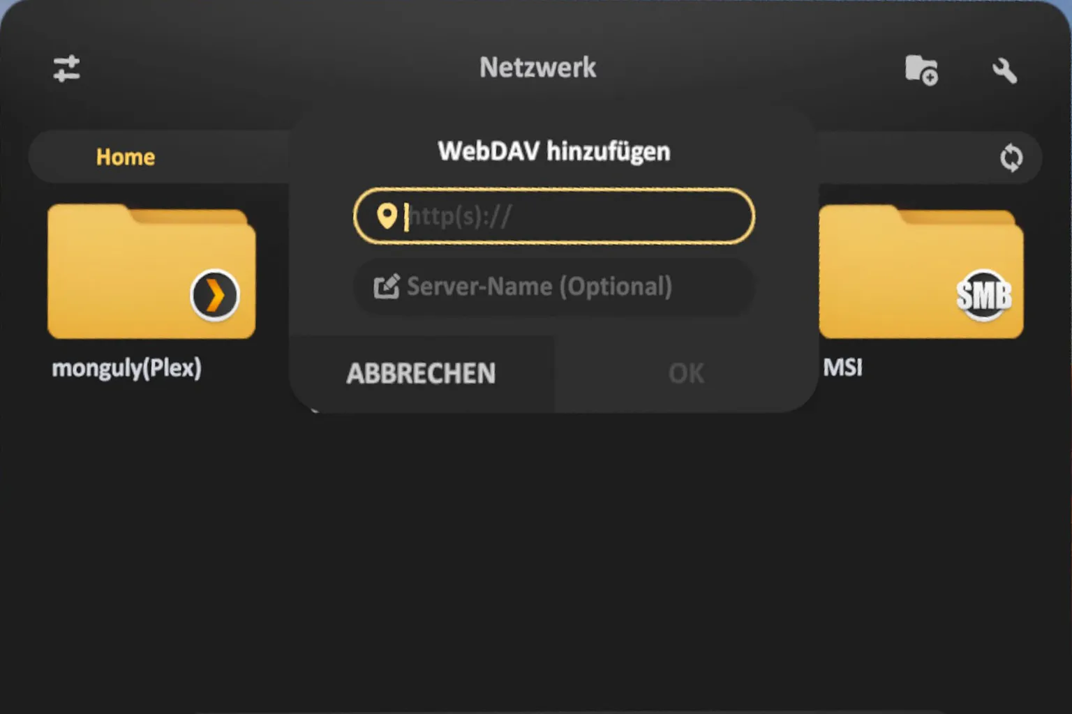 Beim Hinzufügen von WebDAV in SKYBOX muss die vollständige HTTP-Adresse eingegeben werden, damit der Server korrekt erkannt wird.