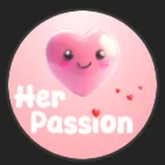 Das Logo von HerPassionVR. Ein Design aus pinken Herzen und Schrift, das als Icon für eine auf weibliche Perspektiven ausgerichtete virtuelle Content-Marke dient.