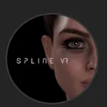 Das Markenlogo von SplineVR auf dunklem Hintergrund. Eine weibliche Seitenprofil-Silhouette zusammen mit weißem Logo-Text, das als charakteristisches Symbol des Creators dient.