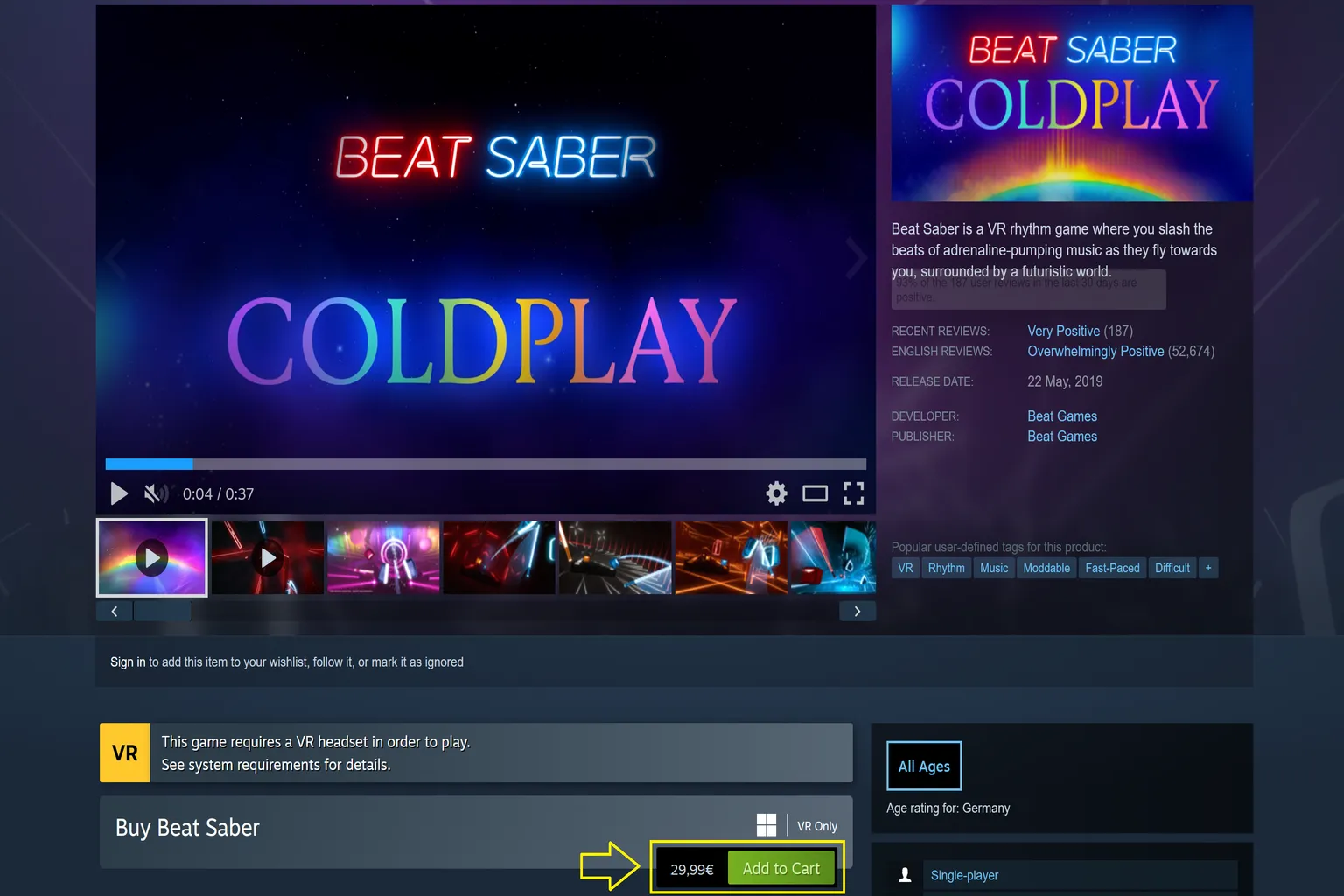 Steam-Store-Kaufseite für Beat Saber. Es wird nur die VR-Version angezeigt, ohne Hinweis auf Meta Cross-Buy oder Rift/Quest-Kompatibilität. Das bedeutet: Ein Kauf bei Steam beinhaltet kein Cross-Buy.