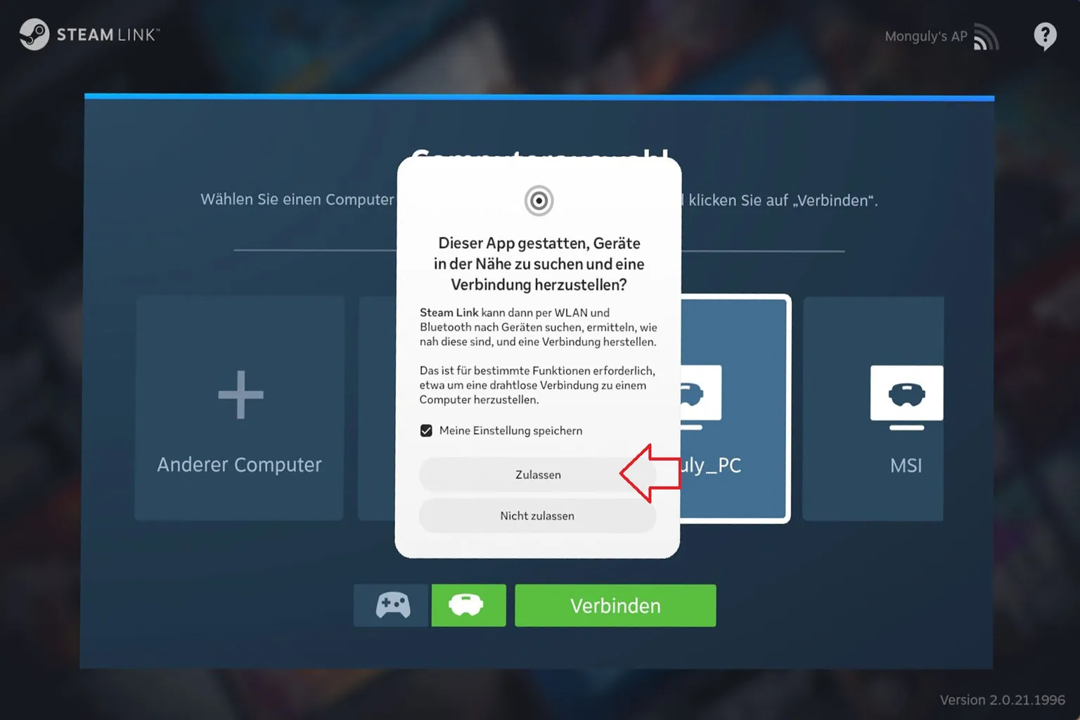 Beim ersten Start von Steam Link wirst du gefragt, ob die App nach Geräten in der Nähe suchen und sich verbinden darf. Dafür müssen WLAN und Bluetooth aktiviert sein.