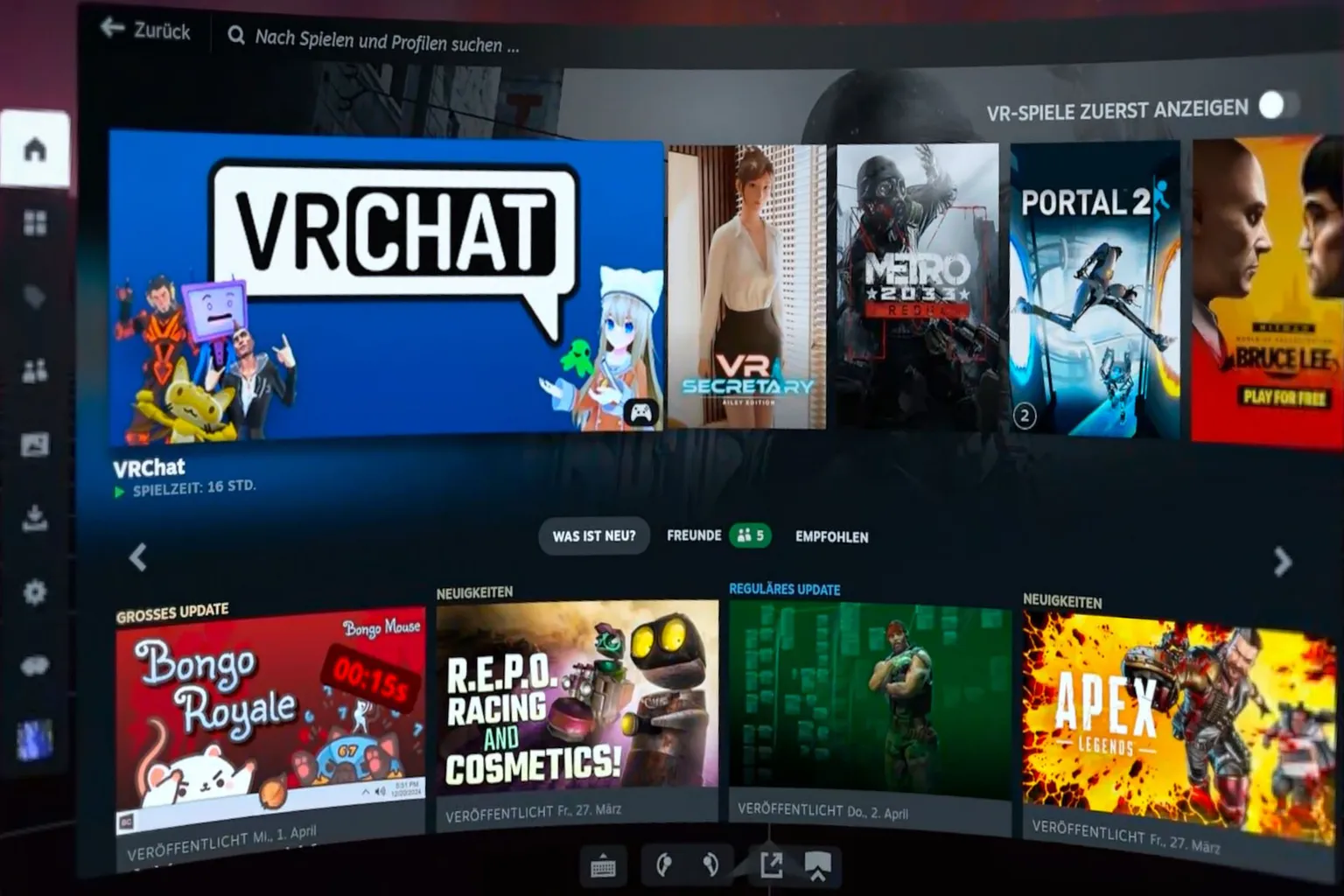 Im SteamVR-Home-Menü siehst du Coverbilder zuletzt gespielter Titel, darunter auch Apps wie VR Secretary.