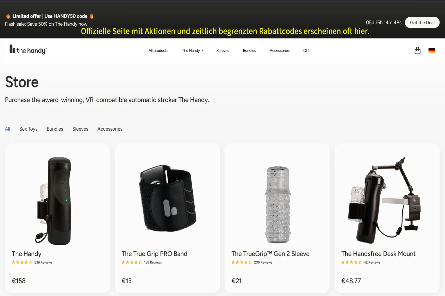 The Handy Store-Seite mit Produktübersicht, zeigt Geräte und Zubehör sowie Banner mit Aktionen und zeitlich begrenzten Rabattcodes