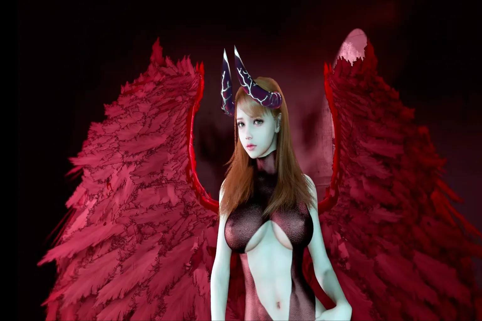 Eine teufelsartige weibliche Figur in einem rot-schwarzen Bodysuit steht mit ausgebreiteten Flügeln. Über ihre zwei Hörner verlaufen violette Blitzmuster. Der Hintergrund ist dunkelrot und an eine Höllenatmosphäre angelehnt.