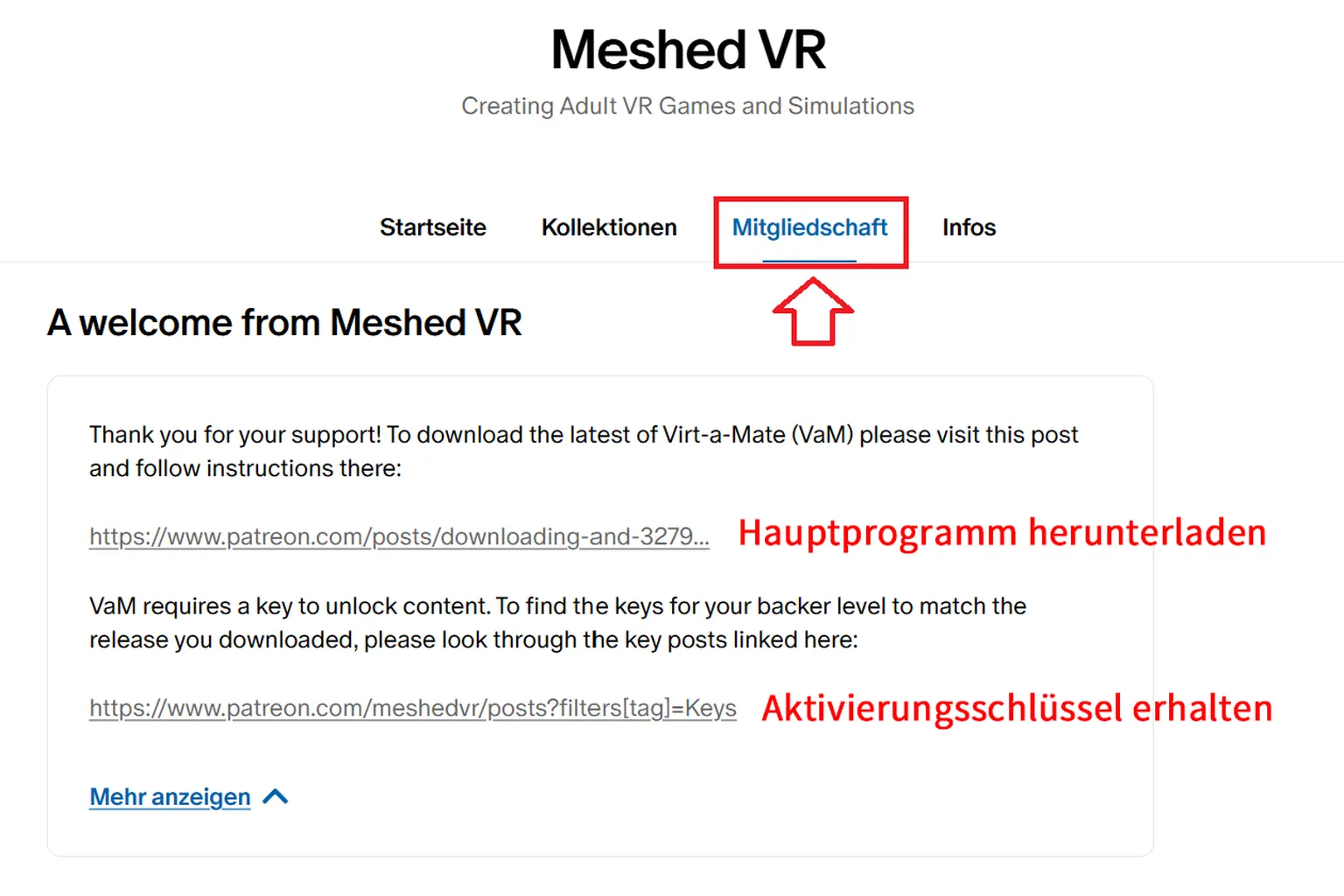 Patreon-Seite von Meshed VR mit geöffnetem Tab „Mitgliedschaft“, zeigt Download-Link für das Hauptprogramm sowie Link zum Aktivierungsschlüssel auf der VaM-Downloadseite