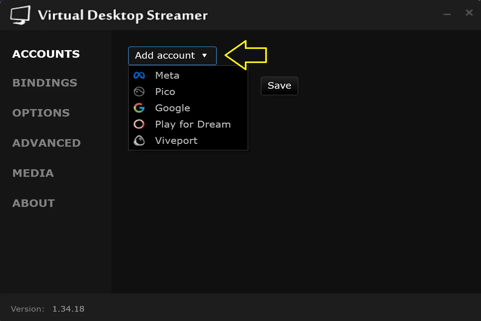 Auf dem Startbildschirm zur Konto-Einrichtung im Virtual Desktop Streamer ist dein Meta-Benutzername bereits eingetragen. Wenn er so angezeigt wird, kann dein Headset den PC finden und sich verbinden.