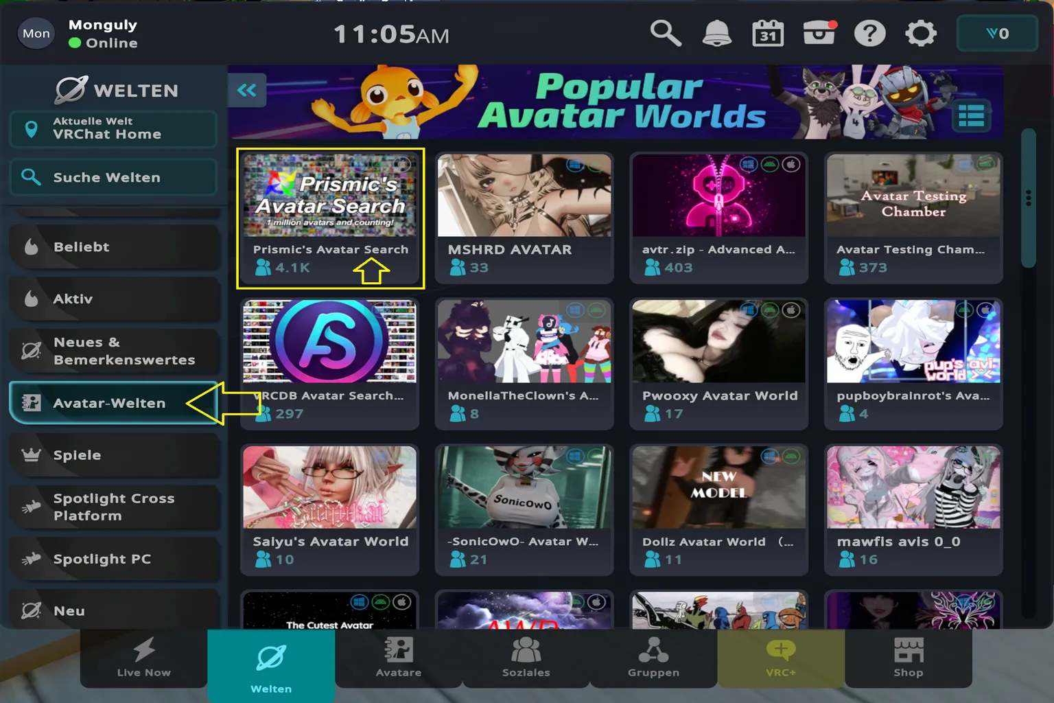 VRChat-Weltenliste mit mehreren Avatar-bezogenen Räumen, darunter Prismic’s Avatar Search und weitere Avatar-Welten.