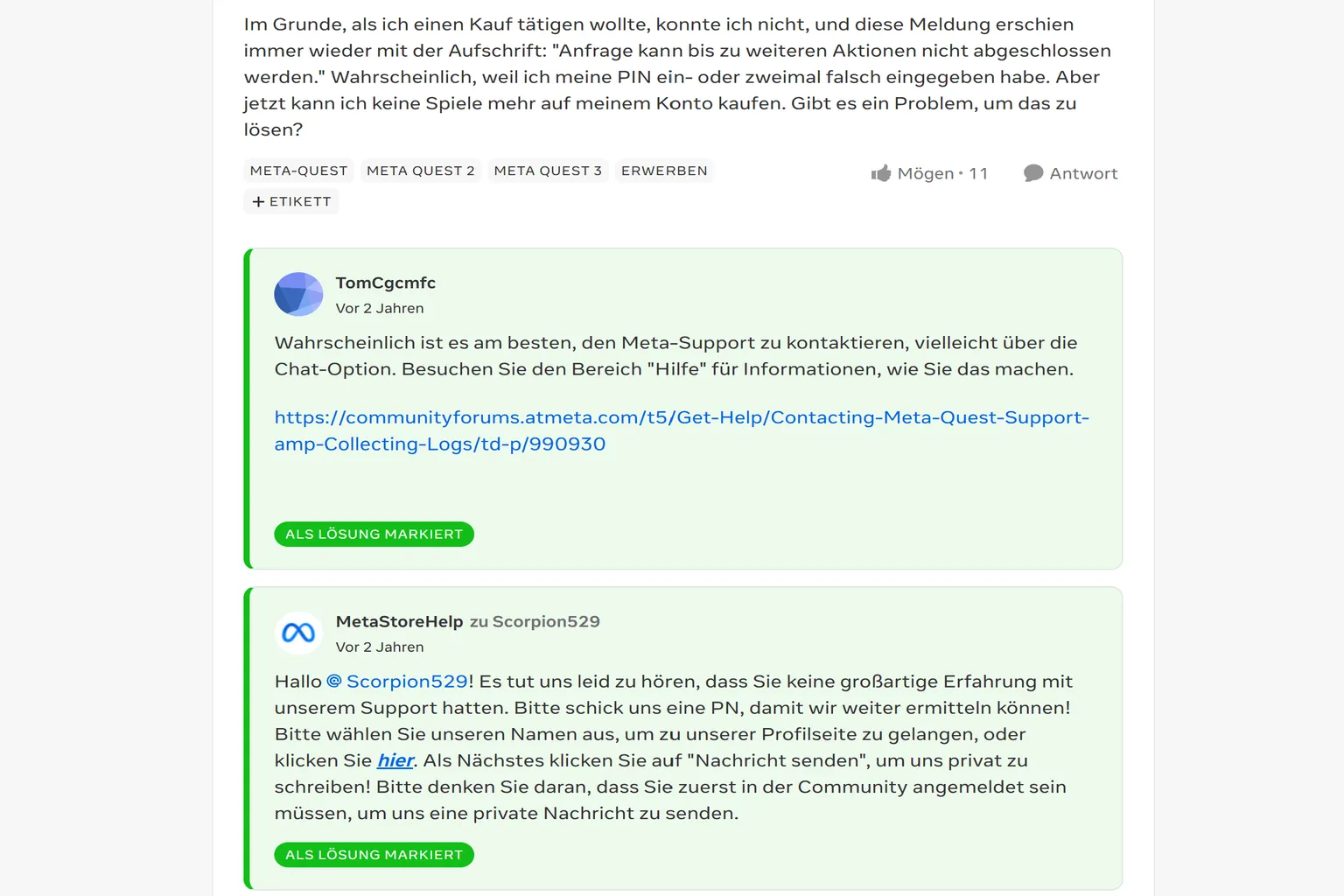 Im offiziellen Meta-Forum fragt ein Spieler, warum Käufe blockiert werden. Der Support antwortet nur mit Standardlinks und der Bitte um privaten Kontakt.