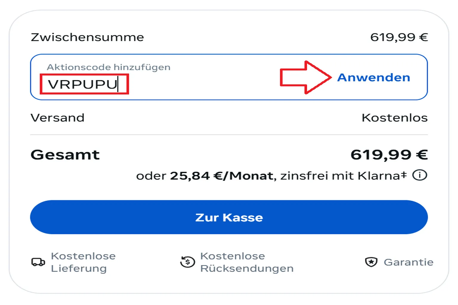 Meta-Store-Checkout-Seite mit sichtbarem Feld zur manuellen Eingabe eines Promo-Codes. Der Nutzer klickt auf Apply, um den VRPUPU-Code zu aktivieren.