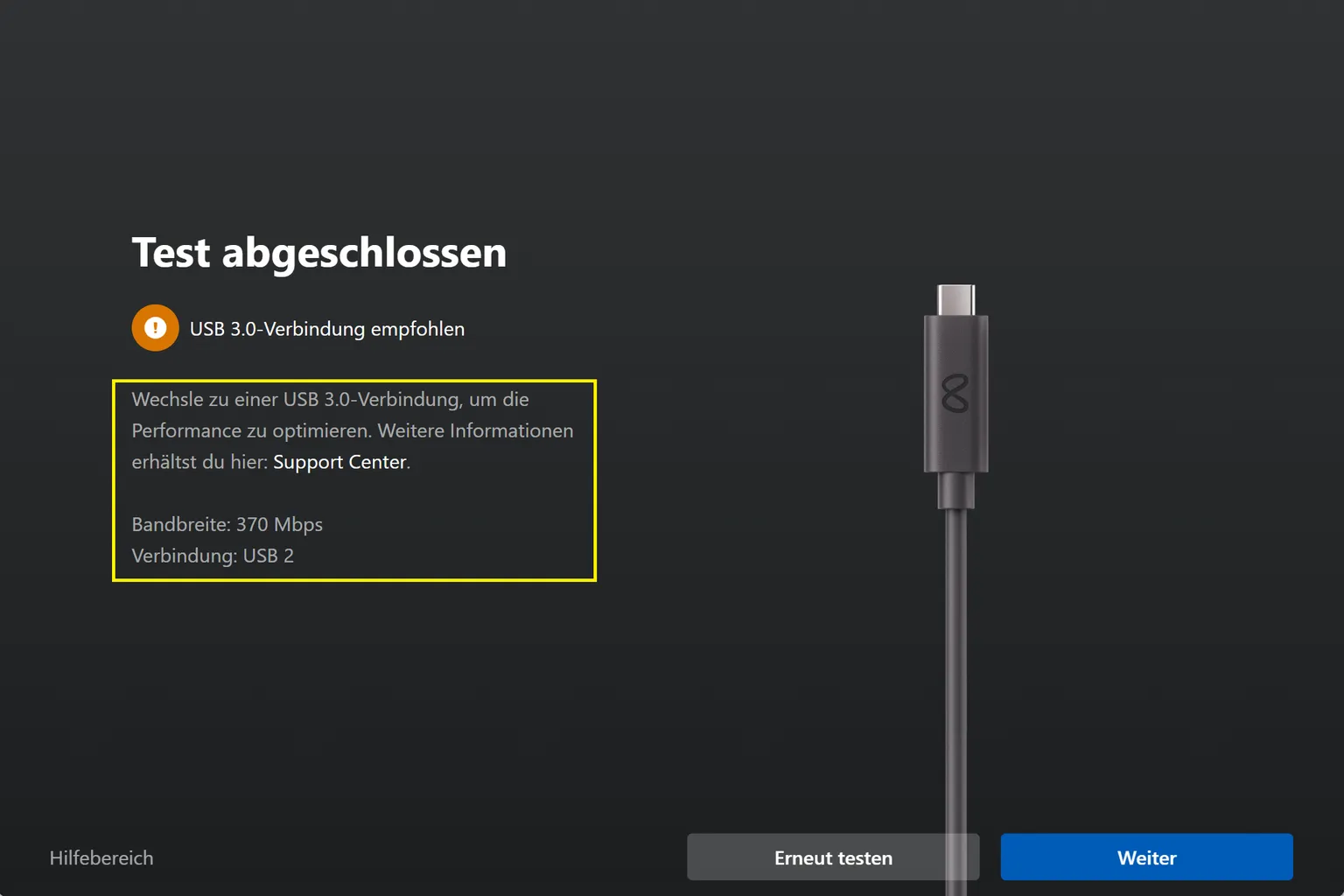 Ergebnis des Link-Kabeltests: USB-2-Verbindung mit zu geringer Bandbreite, Empfehlung für ein USB-3-Kabel