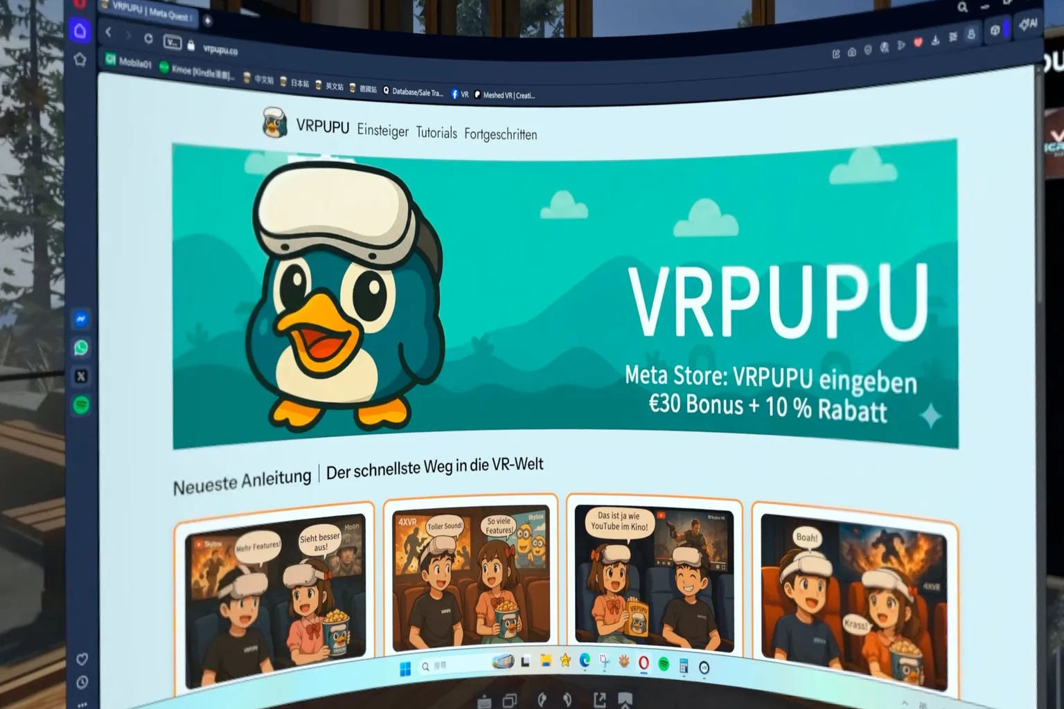 Der PC-Desktop wird im virtuellen Raum von SteamVR gespiegelt. Dabei ist eine Facebook-Fanseite in einem virtuellen Desktop-Fenster geöffnet.