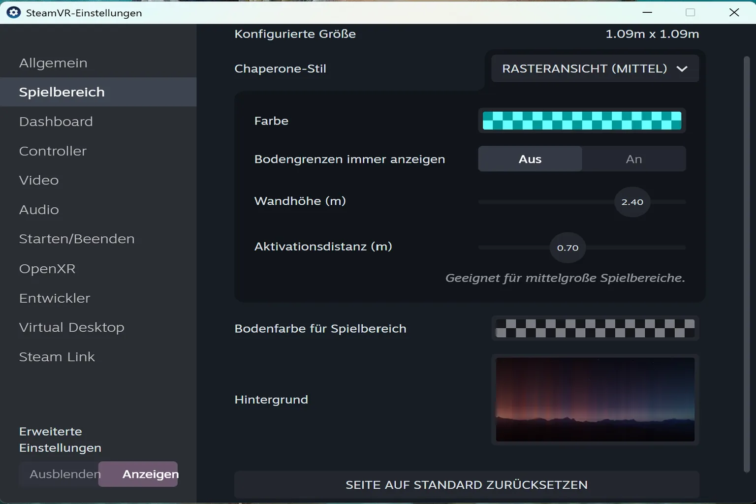 Im Bereich Spielbereich kannst du die Chaperone-Grenzen und deren Darstellung feinjustieren.