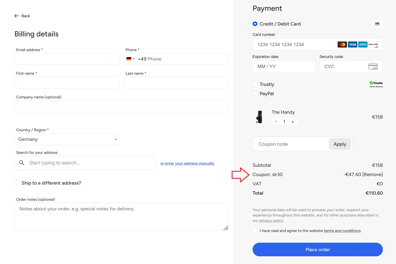 Checkout-Seite für The Handy (erste Version), zeigt angewendeten Rabattcode SLR30 und finalen Preis