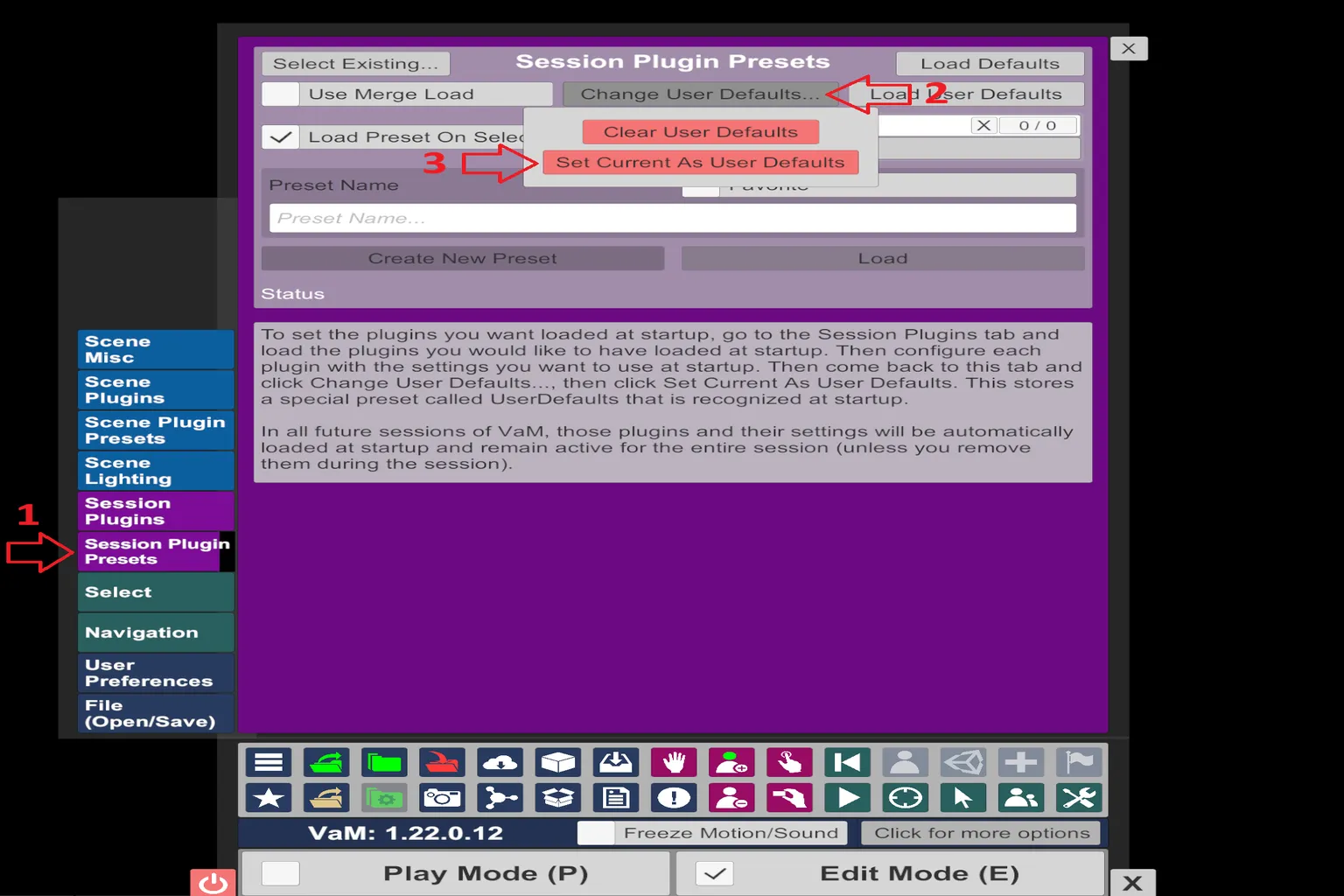 Das ist der Bildschirm Session Plugin Presets. Setze deine aktuelle Konfiguration als Standard, damit sie beim Start automatisch geladen wird.