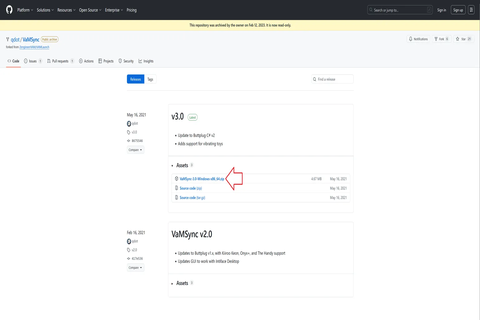 Das ist die GitHub-Release-Seite mit der Windows-Download-Datei für VaMSync.