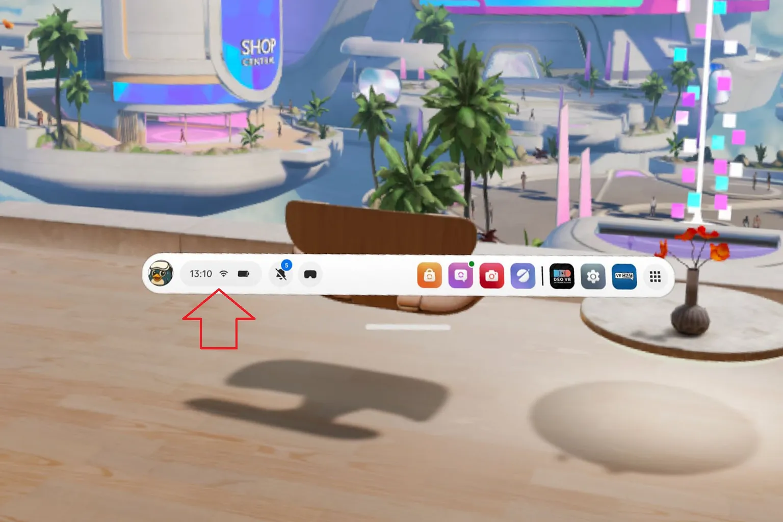 Meta Quest Startbildschirm mit sichtbaren Symbolen für Uhrzeit, Wi-Fi und Akku – Link-Modus ist bereit