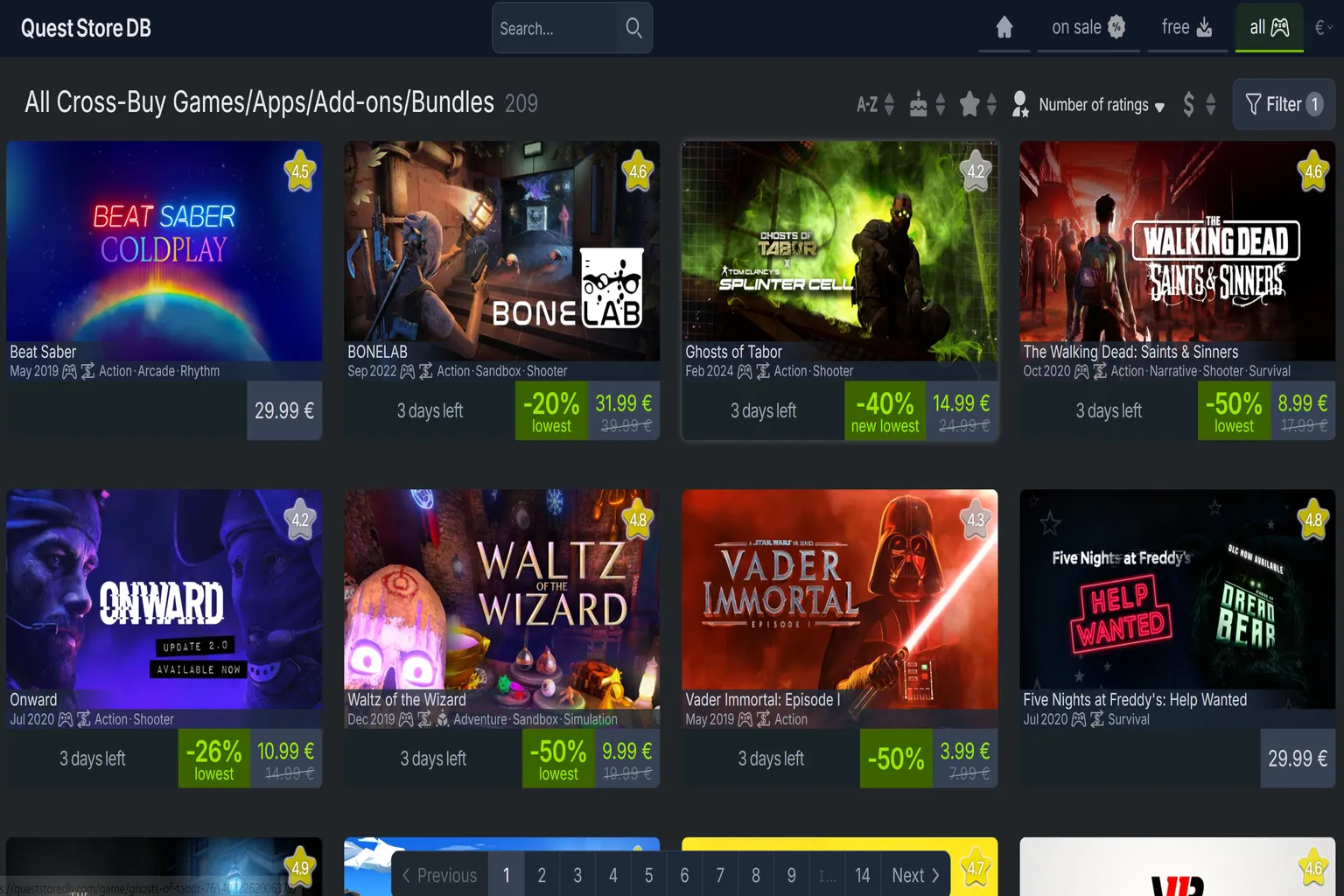 Quest-Store-DB-Seite mit der Liste „All Cross-Buy Games“. Das ist eine Referenzliste offiziell markierter Cross-Buy-Titel, aber sie ist nicht hundertprozentig zuverlässig.