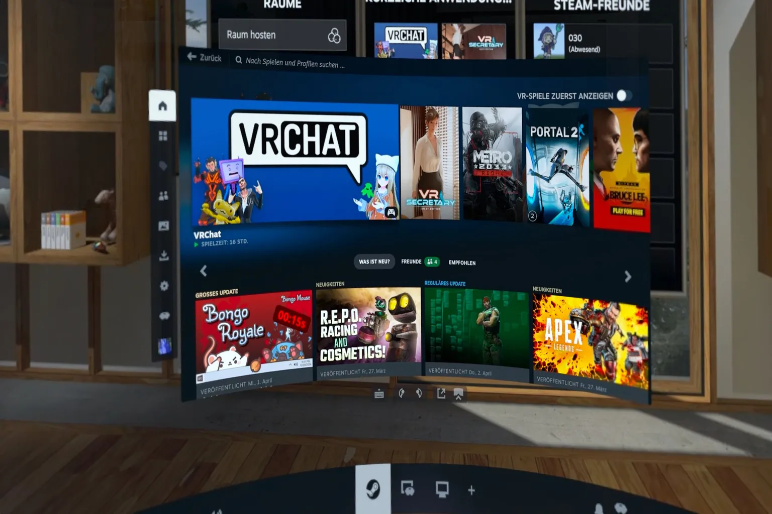In der Standardansicht der SteamVR-Spielebibliothek siehst du Coverbilder beliebter Spiele sowie Informationen zu den neuesten Updates.