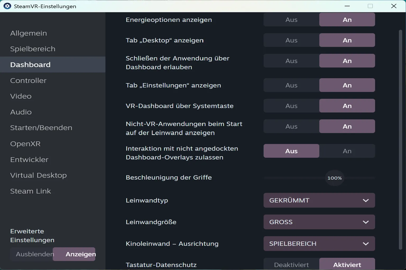 In den Konsolen-Einstellungen steuerst du das Verhalten beim Wechsel von VR-Apps, den Theatermodus und Anzeigeaktionen des Syste