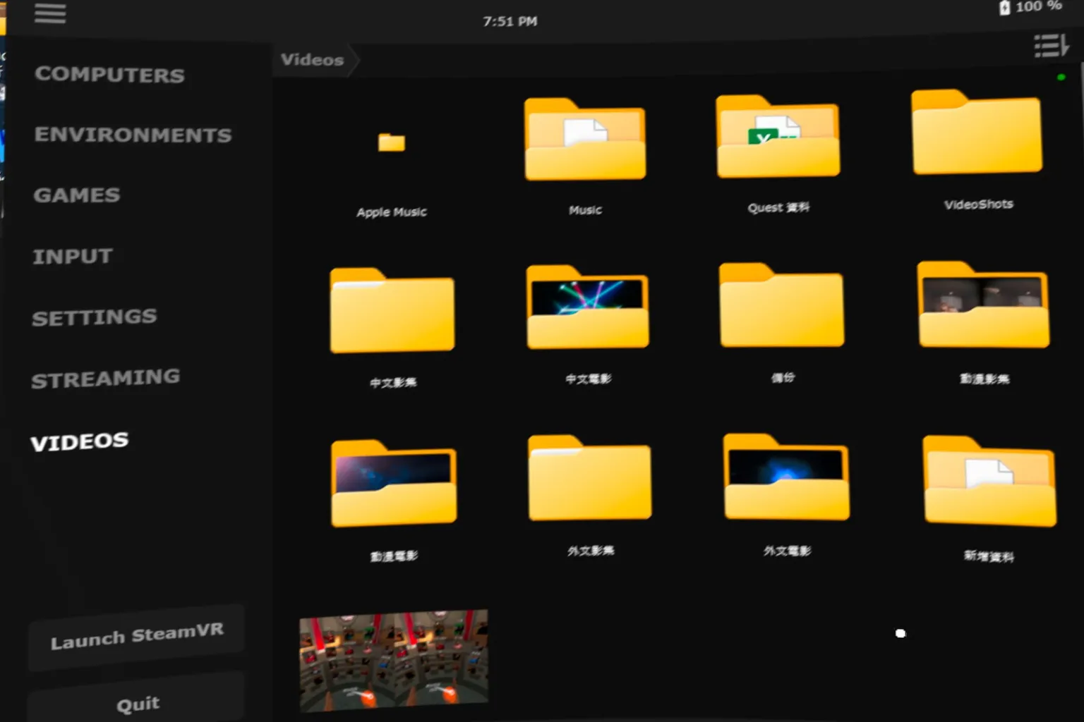 Im Tab Media von Virtual Desktop siehst du eine Liste der Video-Dateien auf deinem PC sowie ein Menü zur Auswahl der Wiedergabequelle.