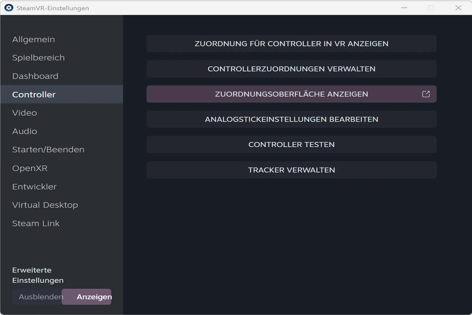 Im Controller-Menü kannst du die Position der Controller prüfen, Tastenbelegungen verwalten und Funktionstests durchführen.