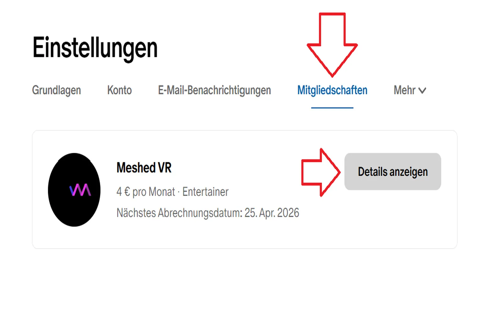 Öffne die Seite Membership. Dort wird dein aktueller Plan als Entertainer angezeigt. Klicke darauf, um die Details zu sehen.