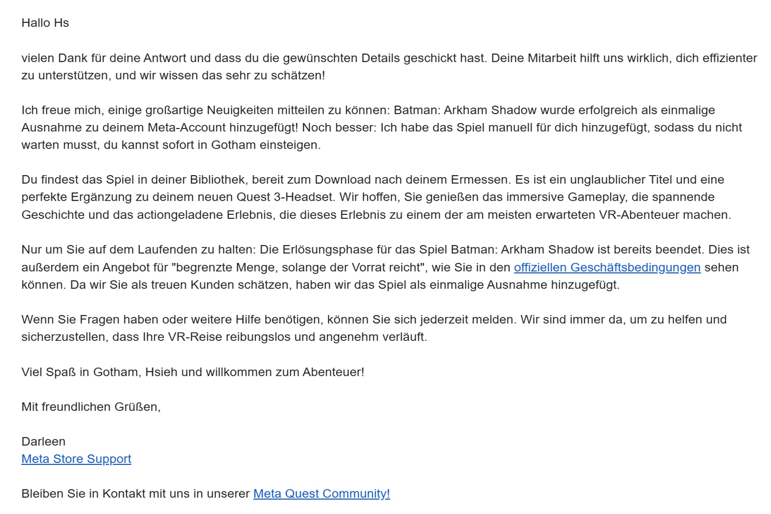 Meta Seite mit englischen Nutzungsbedingungen für Batman: Arkham Shadow im US Store