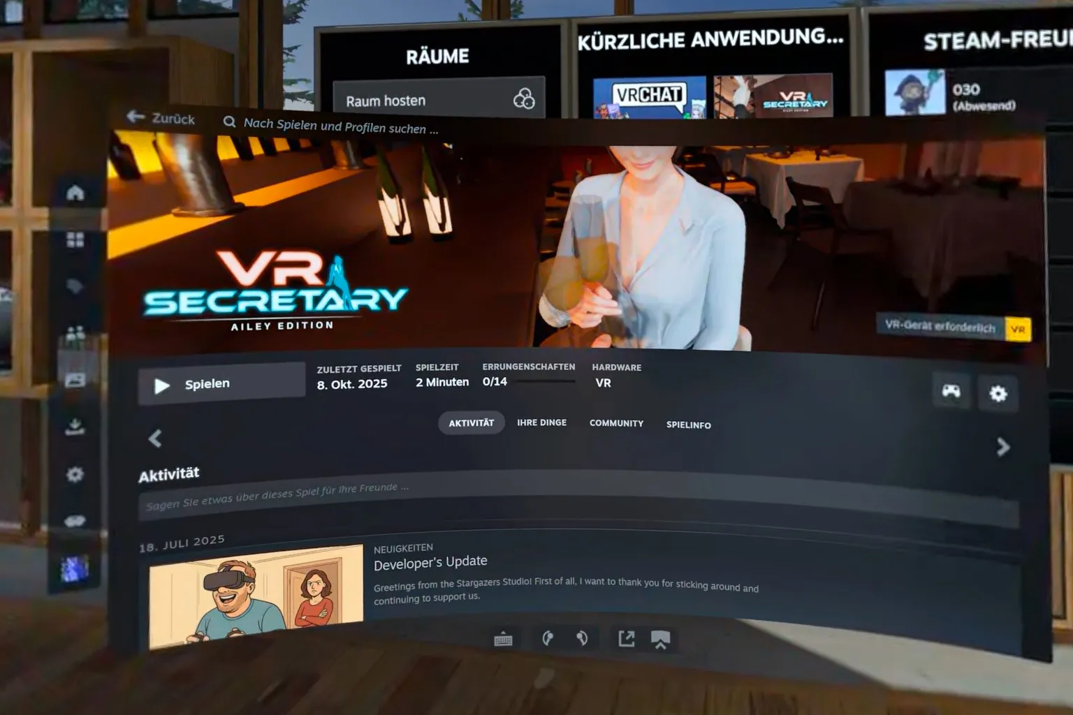 Dies ist der Bildschirm nach dem Start von VR Secretary in SteamVR. Angezeigt werden die gesamte Spielzeit und freigeschaltete Erfolge.