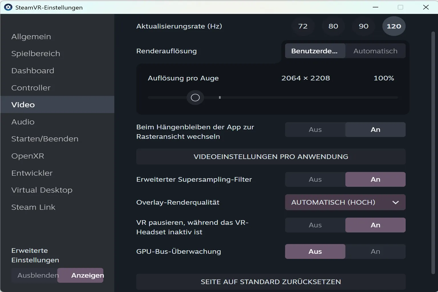 In den Videoeinstellungen von SteamVR kannst du Dinge wie Bildwiederholrate, visuelle Qualität der UI sowie die Verteilung von CPU- und GPU-Ressourcen anpassen.