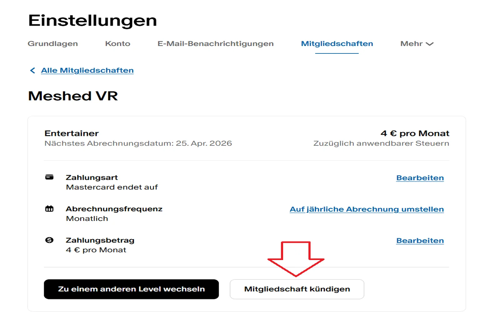 Auf dieser Seite werden auch deine Zahlungsmethode und Abrechnungsinformationen angezeigt. Scrolle nach unten und klicke auf Cancel membership, um die Kündigung zu starten.