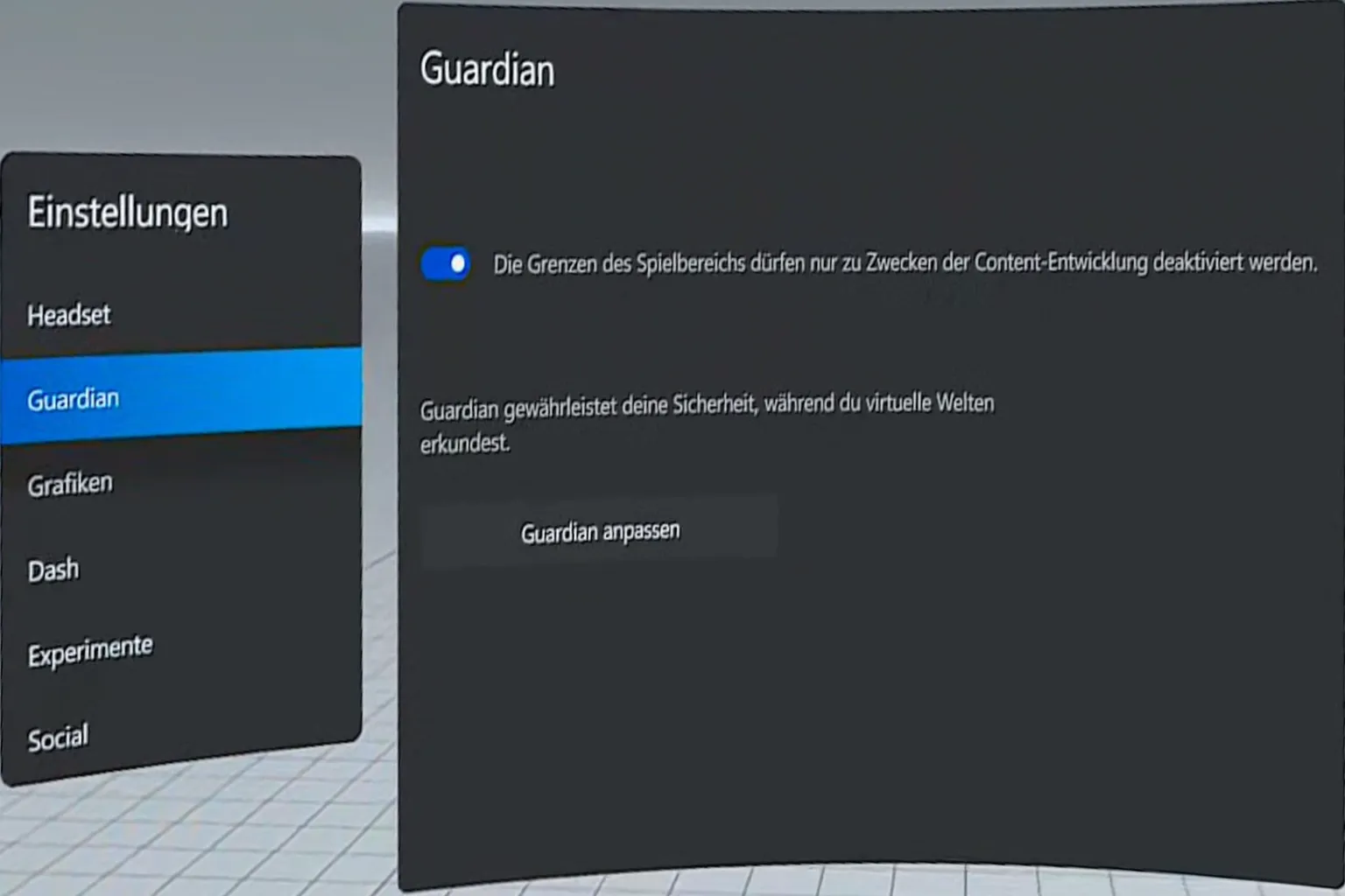 Guardian-Einrichtungsbildschirm zum Aktivieren des Guardian-Systems und zum Festlegen einer virtuellen Sicherheitsgrenze für den Spielbereich.
