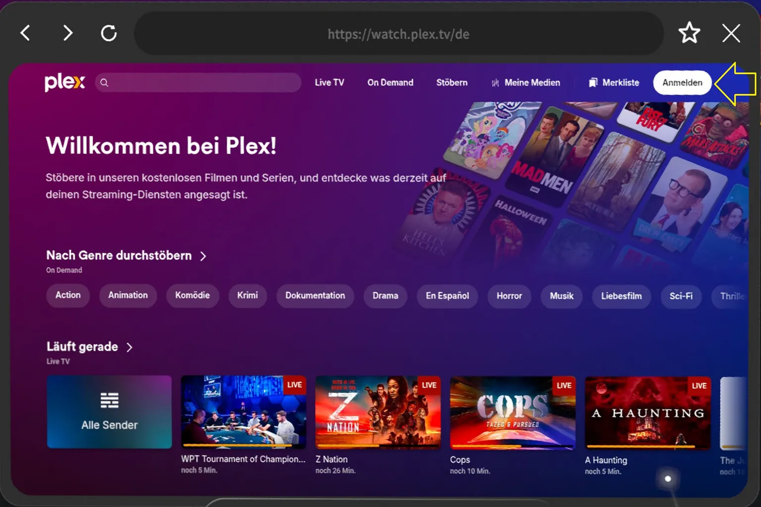 Moon VR Browser greift auf die Plex-Website zu und zeigt den Anmeldebildschirm des Kontos an.
