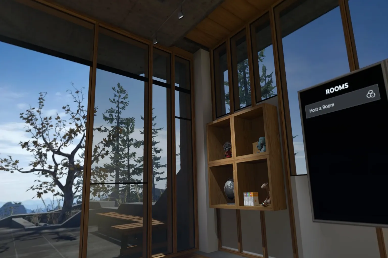 In einer SteamVR-Raumumgebung steht ein Holzschrank im virtuellen Raum. Dahinter ist eine Landschaft im Freien zu sehen.