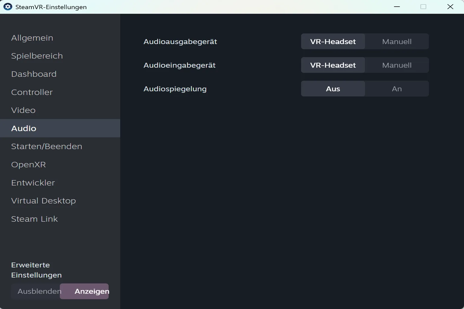 In den Einstellungen für Audioeingang, -ausgang und Spiegelung kannst du das Headset als Haupt-Audiogerät festlegen.