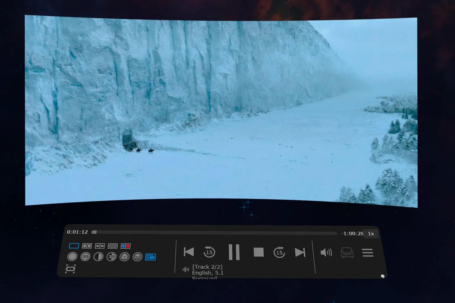 Während ein Video in Virtual Desktop abgespielt wird, werden die Wiedergabeleiste und Videoinformationen auf dem Bildschirm angezeigt.