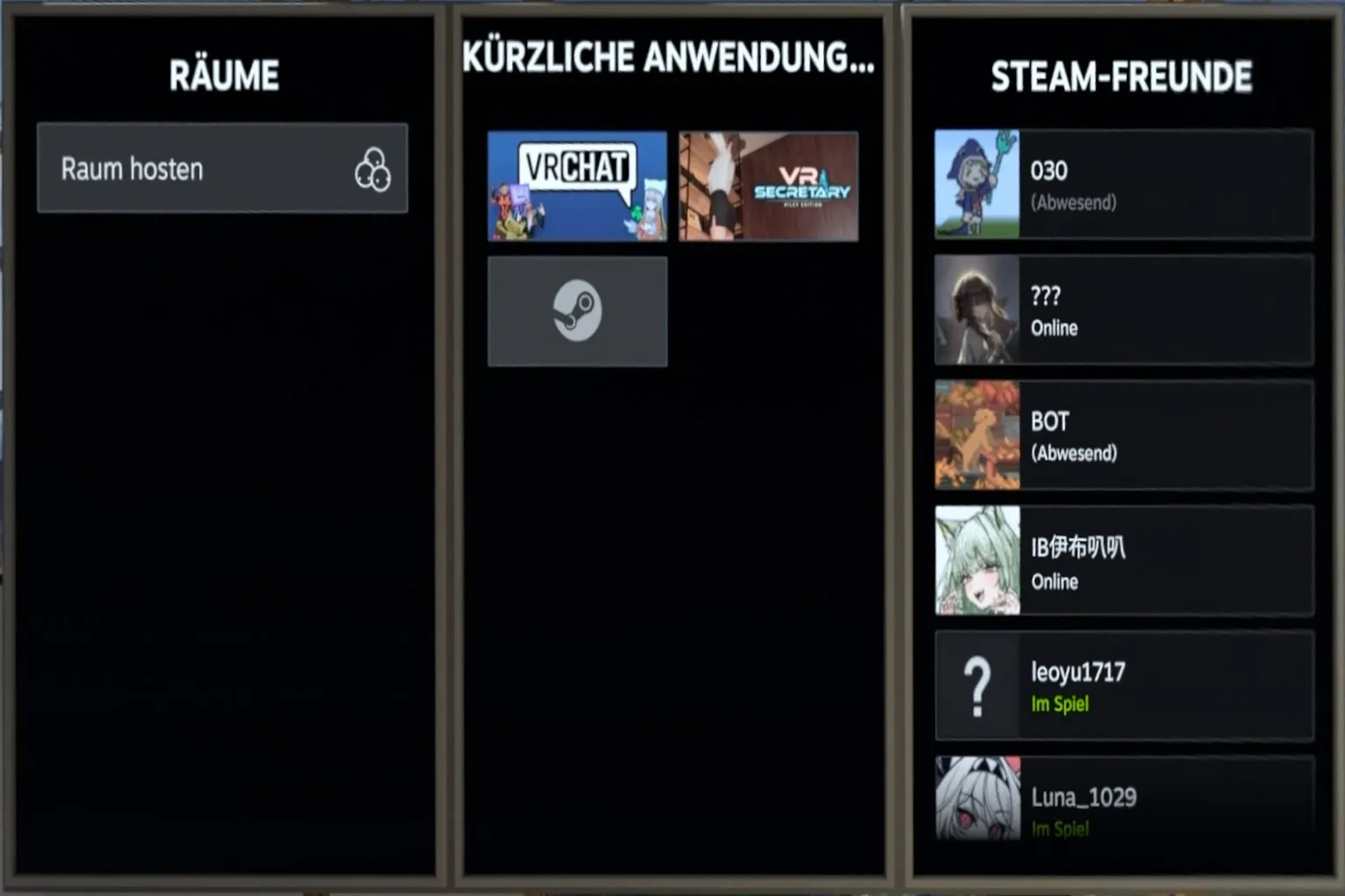 In der Mitte des SteamVR-Raumbildschirms befindet sich ein schwebendes Menü mit zuletzt verwendeten Apps und der Freundesliste.