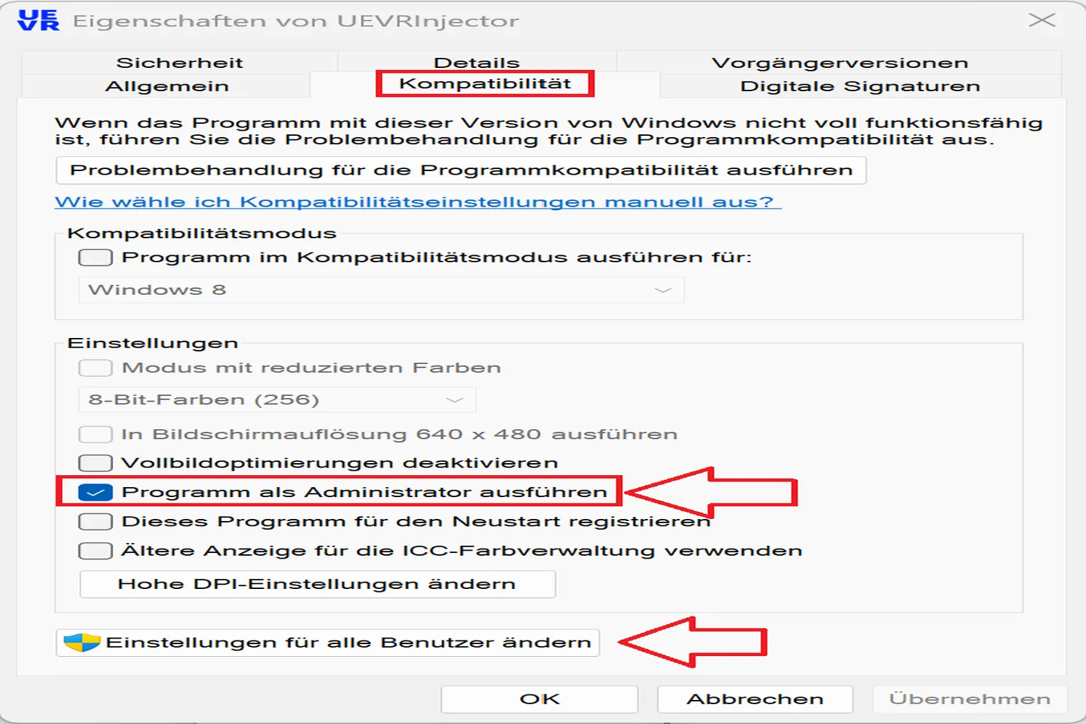 Windows-Kompatibilitätseinstellungen mit aktivierter Option Dieses Programm als Administrator ausführen und ausgewähltem OK
