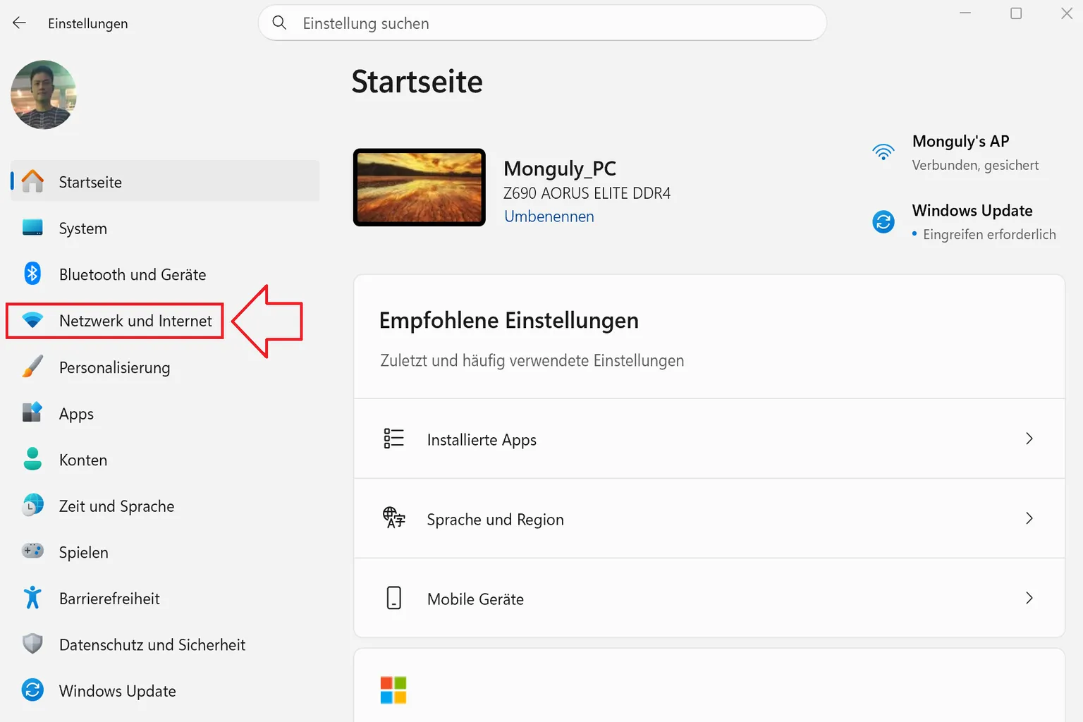 Öffne auf dem Windows-Startbildschirm die Network & Internet-Einstellungen, um den Netzwerkstatus und die Verbindungseinstellungen zu prüfen. Dort kannst du auch die WLAN-Eigenschaften öffnen und zwischen öffentlichem und privatem Netzwerk wechseln.