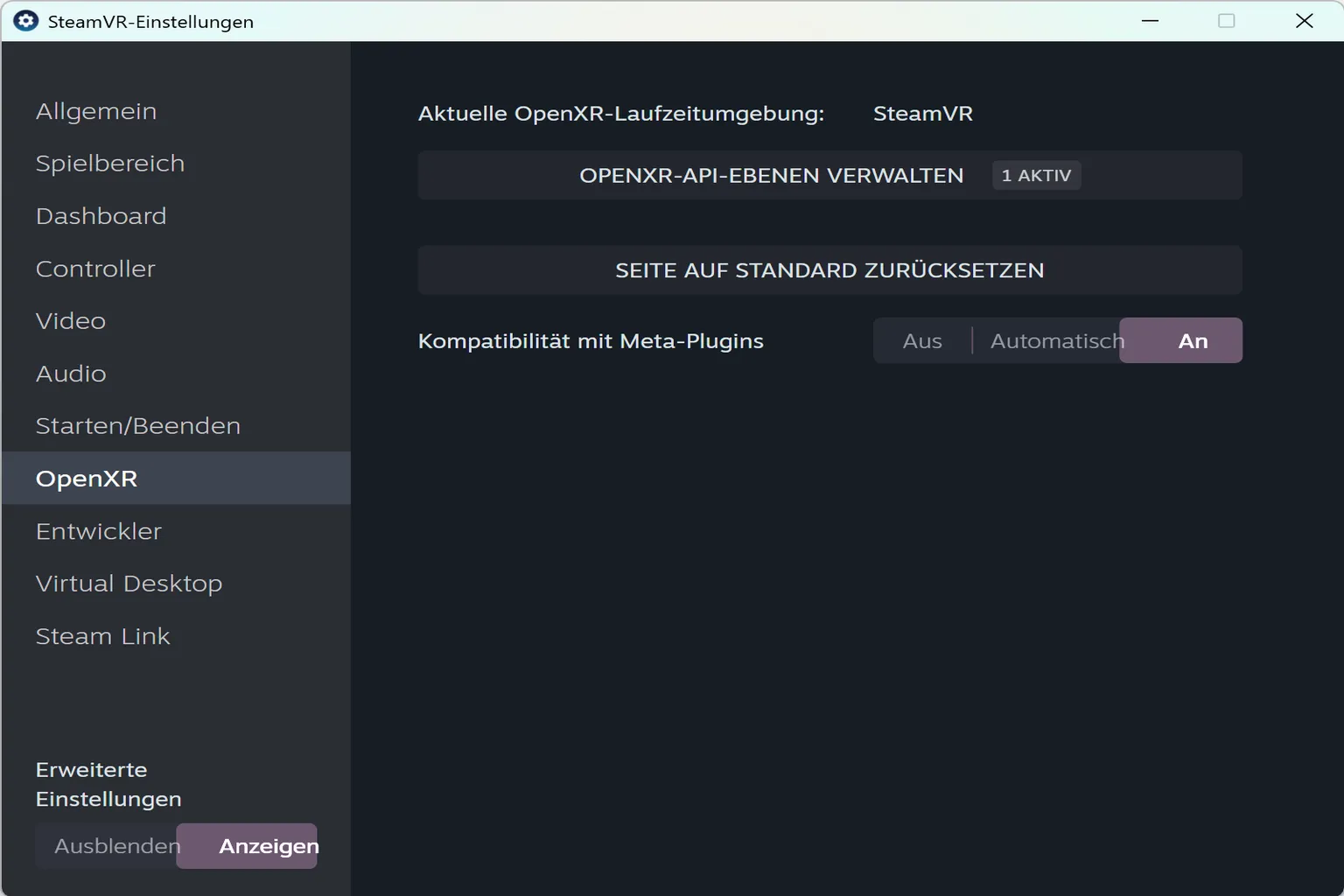Dieser Bildschirm deckt die Auswahl der OpenXR-Runtime und die Kompatibilitätseinstellungen für Meta-Plugins ab.