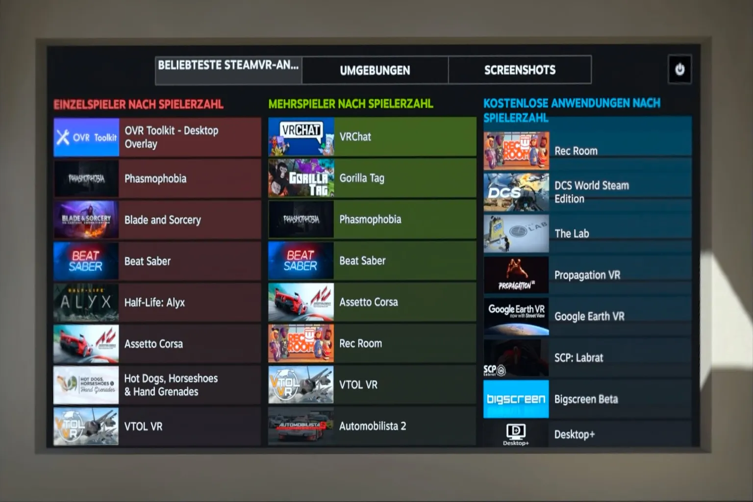 Der Bereich „Beliebte Apps“ in SteamVR ist in Single Player, Multiplayer und Free Apps unterteilt.