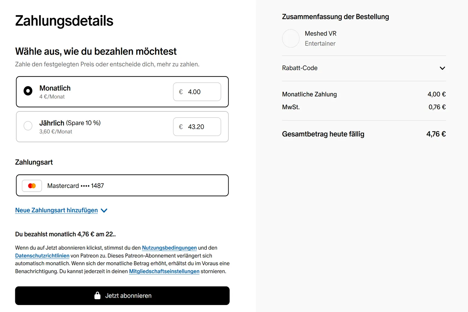 Auf der Patreon-Abo-Seite für den VAM-Teaser-Plan wählst du die monatliche Zahlung von 2 $ aus. Die Seite zeigt außerdem an, dass der erste Abrechnungszeitraum heute kostenlos ist, zusammen mit den MasterCard-Zahlungsdetails.