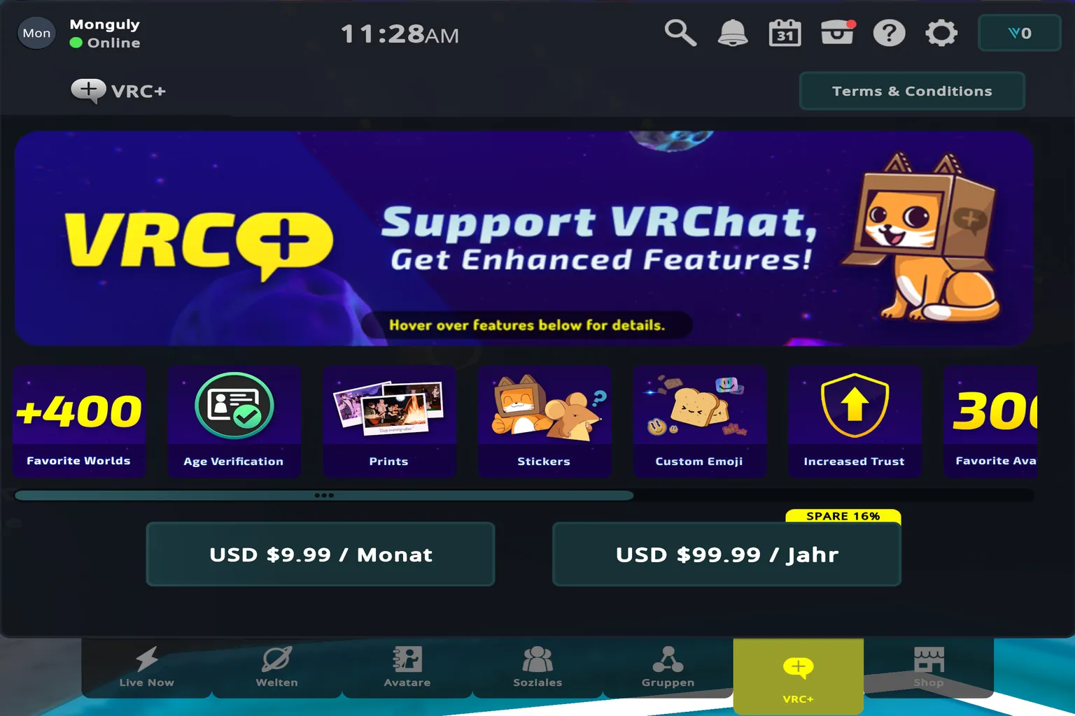 Informationsbildschirm zu VRChat Plus mit Übersicht über Abo-Modelle und exklusive Funktionen.