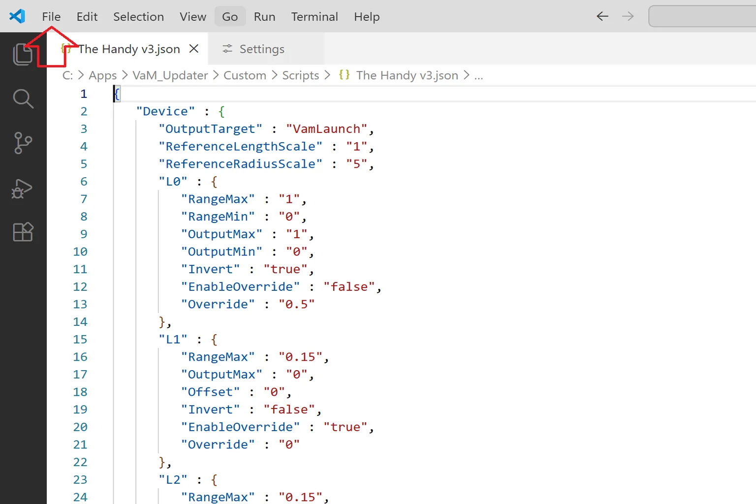 Im Browser wird die Handy-JSON-Konfigurationsdatei angezeigt. Du siehst auch, wo du sie herunterladen oder speichern kannst.