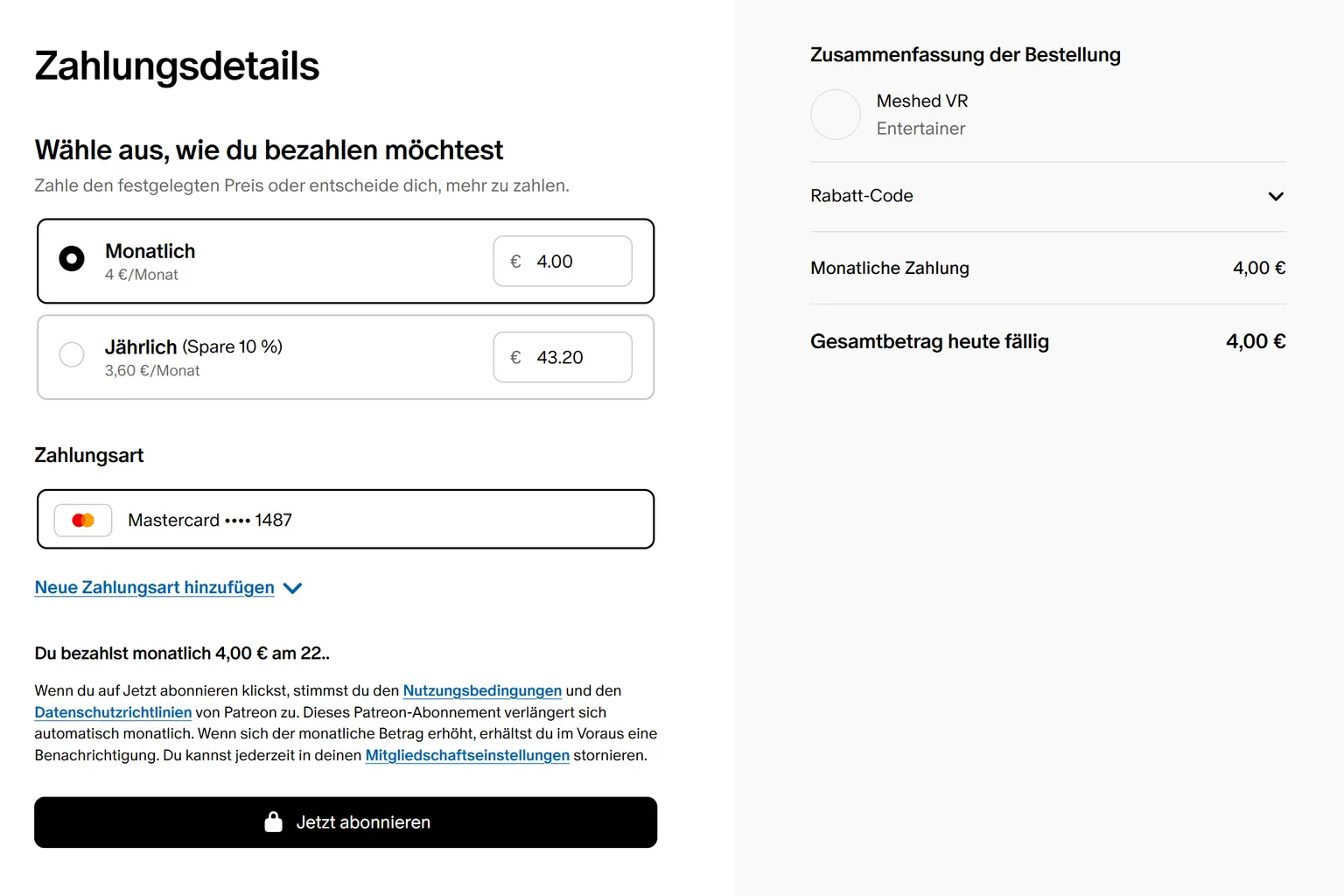 Patreon Zahlungsdetails-Seite zeigt ein monatliches Abo von 4,00 € ohne MwSt., Beispiel für steuerfreien Preis bei Auswahl von Schweiz als Land