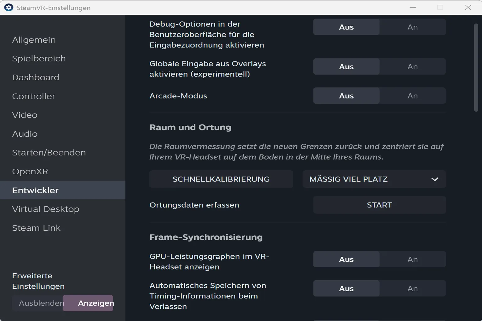 Im Entwickler-Menü findest du Tools für Raum- und Tracking-Tests sowie Frame-Timing-Analysen zur Leistungsprüfung und Kalibrierung.